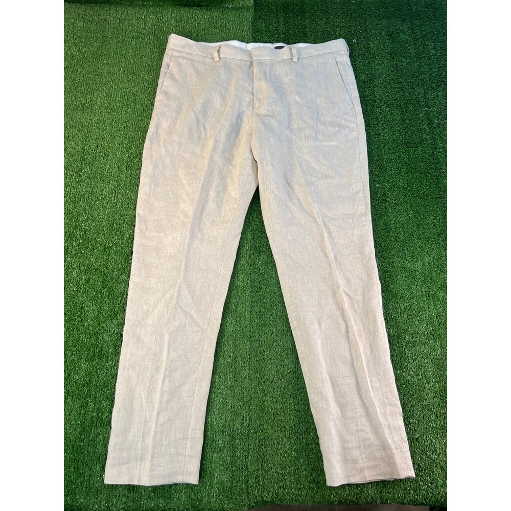 H&M Mens 38R Slim Fit 100% Linen Trousers Beige Oatmeal Summer Dress Pants 38x30